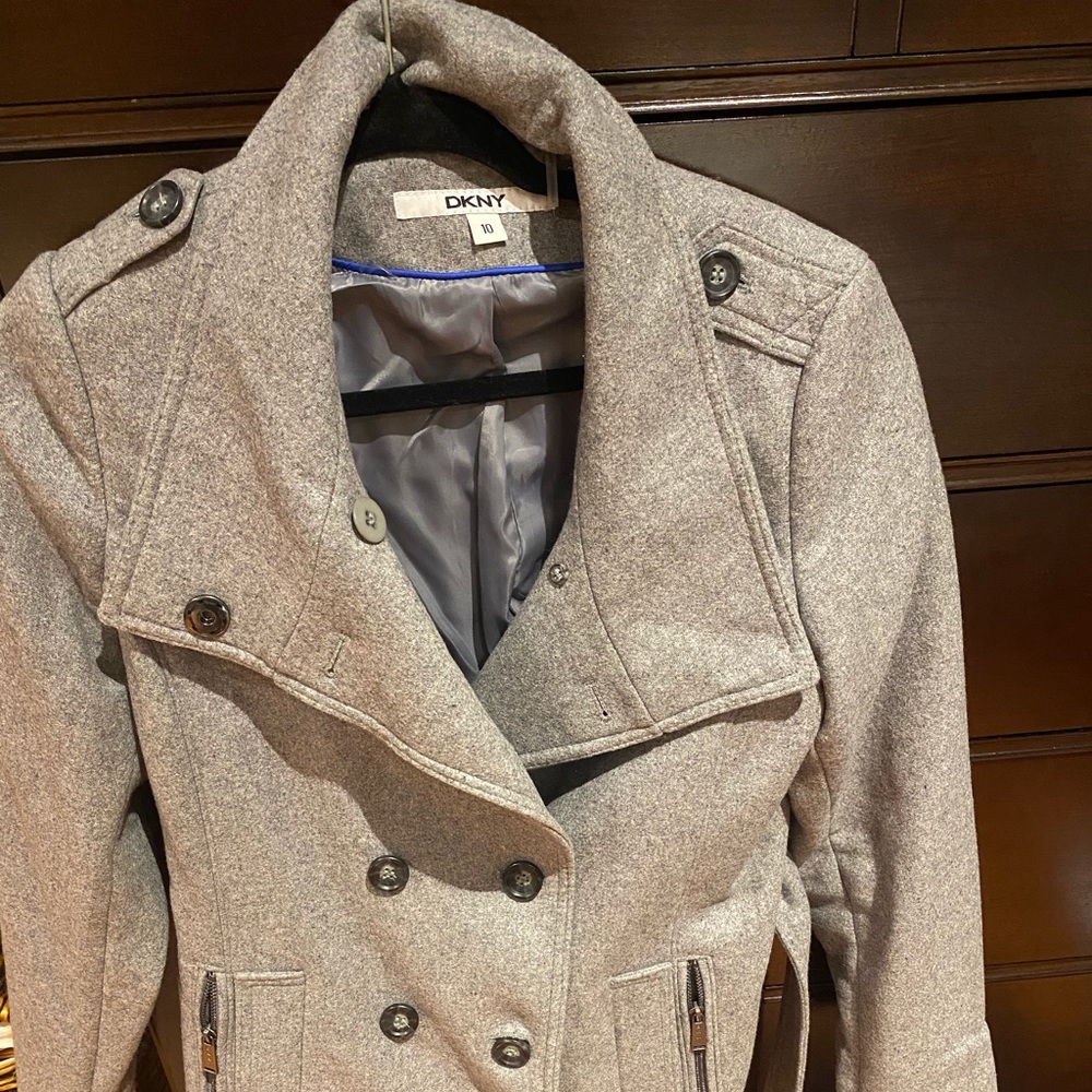 Women’s Gray Peacoat with belt. Worn once. Size 10